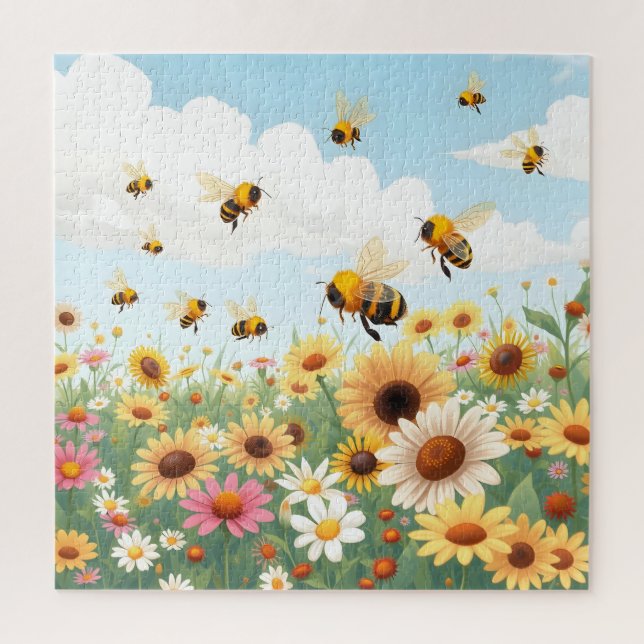 Quebra-cabeça Ilustração de abelhas e flores fofas (Vertical)
