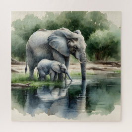 Quebra-cabeça Ilustração de Aquarela de Mamãe e Elefante Bebê
