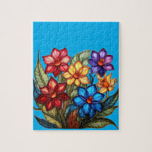 Quebra-cabeça Ilustração de Buquê Floral Vibrante em Vidro Pinta