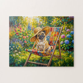 Quebra-cabeça Ilustração de Cachorro Mops de Jardim de Verão Cap