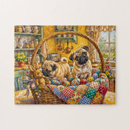 Quebra-cabeça Ilustração de cães Mops em Cesta de Páscoa Caprich