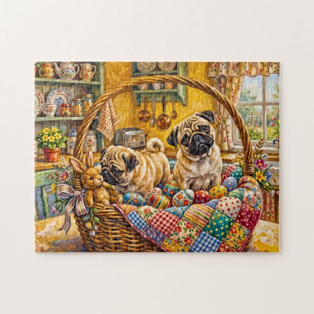 Quebra-cabeça Ilustração de cães Mops em Cesta de Páscoa Caprich (Horizontal)