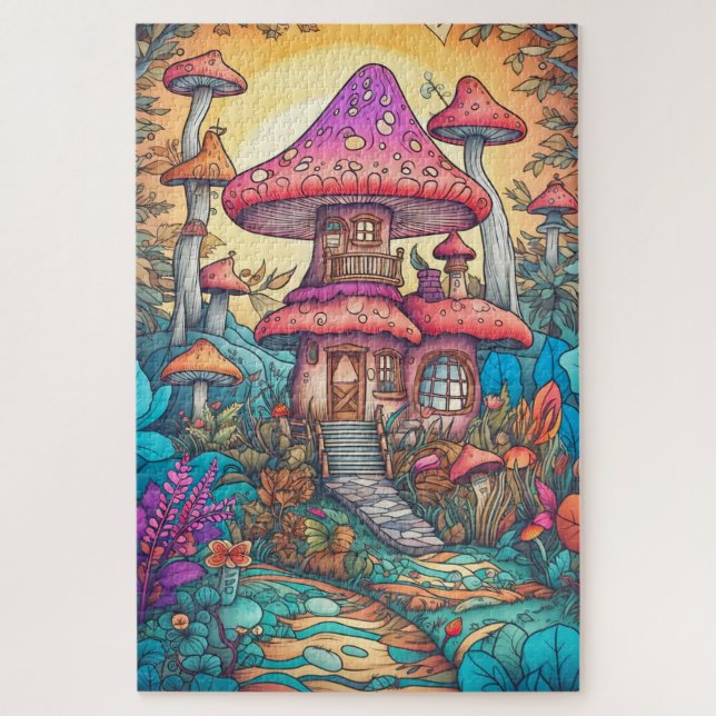Quebra-cabeça Ilustração de Casa de Cogumelo Psicodélico Fofa (Vertical)