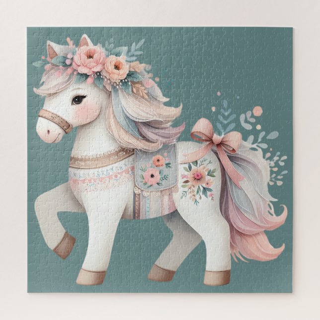 Quebra-cabeça Ilustração de Cavalo Fantasia Pastel Floral (Vertical)