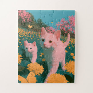 Quebra-cabeça Ilustração de Gatinhos de Primavera em Prado de Fl
