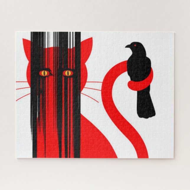 Quebra-cabeça Ilustração de gato vermelho e pássaro preto (Horizontal)