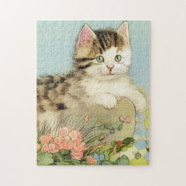 Quebra-cabeça Ilustração de Gato Vintage com Flores Rosa