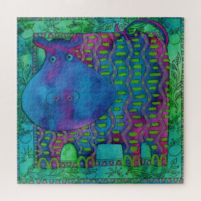 Quebra-cabeça Ilustração de Hipopótamo com Padrões em Aquarela (Horizontal)
