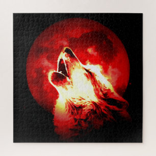 Quebra-cabeça Ilustração de Lobo, Lua e Céu Vermelho