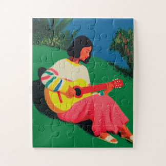 Quebra-cabeça Ilustração de menina tocando violão na grama