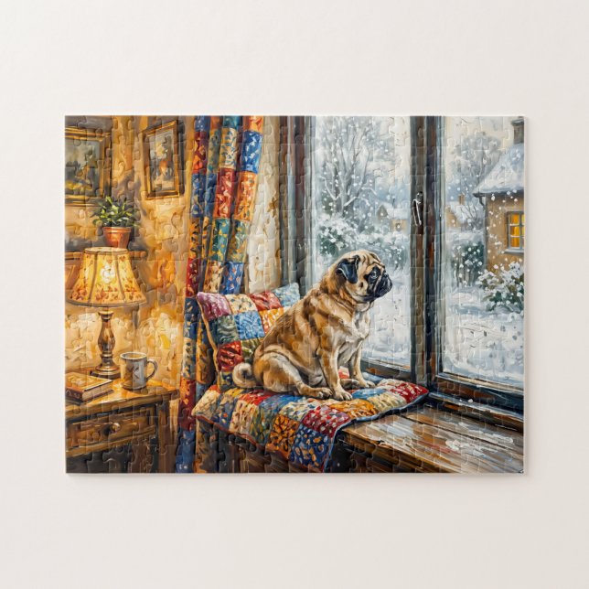 Quebra-cabeça Ilustração de Mops de Assento de Janela de Inverno (Horizontal)