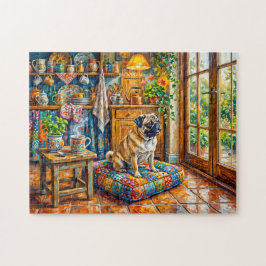 Quebra-cabeça Ilustração de Mops na Janela da Cozinha da Casa En