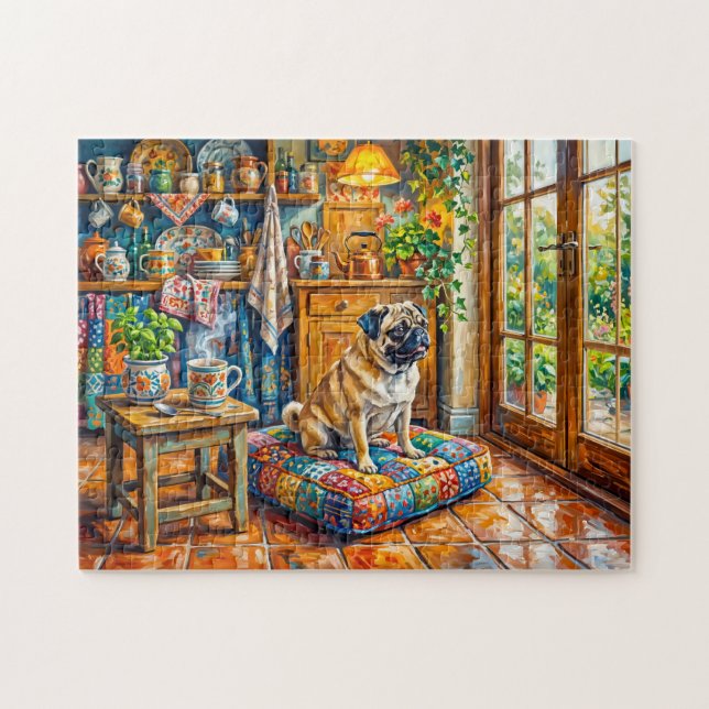 Quebra-cabeça Ilustração de Mops na Janela da Cozinha da Casa En (Horizontal)