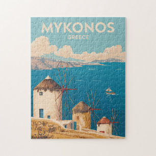 Quebra-cabeça Ilustração de Mykonos Grécia Arte de Viagem Vintag