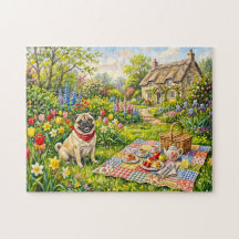 Ilustração de Pug de Piquenique no Jardim da Casa 