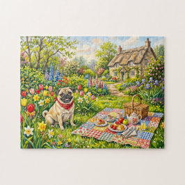 Quebra-cabeça Ilustração de Pug de Piquenique no Jardim da Casa
