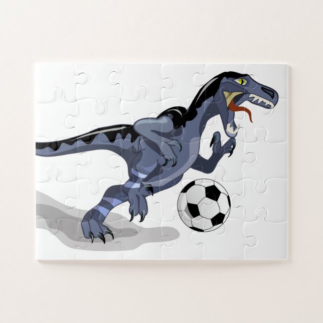 Quebra-cabeça Ilustração De Um Dinossauro Raptor Jogando Futebol (Horizontal)