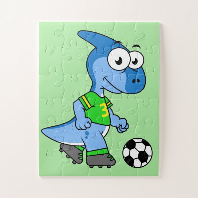 Quebra-cabeça Ilustração De Um Parasaurolofo Jogando Futebol. (Vertical)