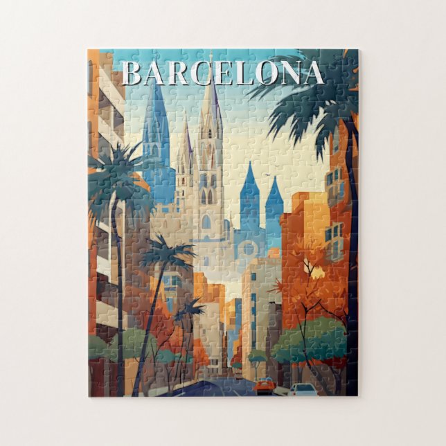 Quebra-cabeça Ilustração de Viagem Retro Barcelona Vintage (Vertical)