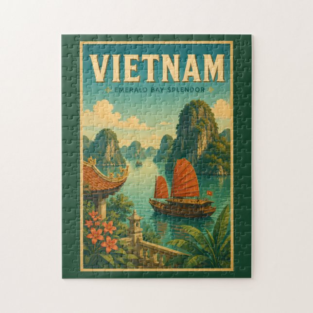 Quebra-cabeça Ilustração de viagem retro da Baía de Ha Long no V (Vertical)
