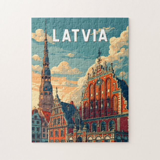 Quebra-cabeça Ilustração de viagem vintage da Letônia (Vertical)