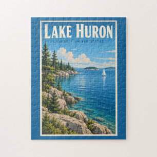 Quebra-cabeça Ilustração do Lago Huron Viagem Arte Vintage
