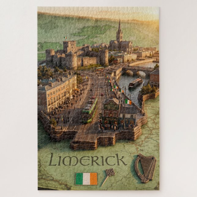 Quebra-cabeça Ilustração do Mapa 3D de Limerick Irlanda 1014 Peç (Vertical)