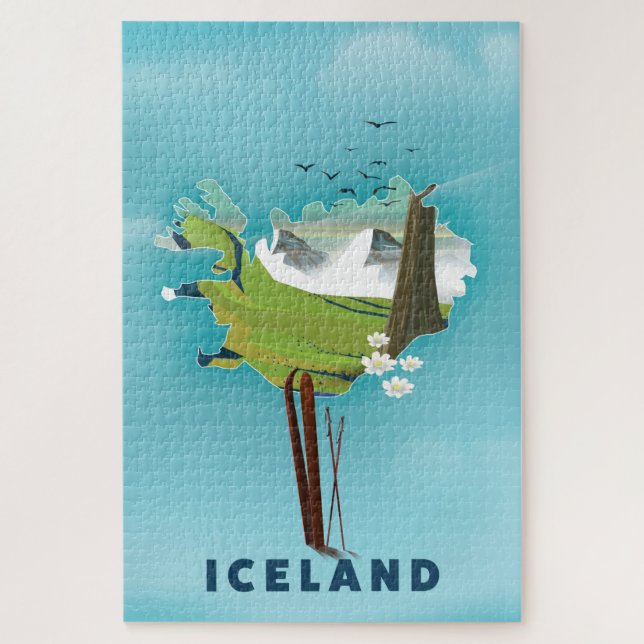 Quebra-cabeça Ilustração do mapa da Islândia pôster de viagem. (Vertical)