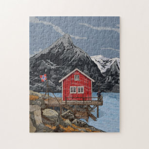 Quebra-cabeça Ilustração paisagística de Rorbu Lofoten Bergen No