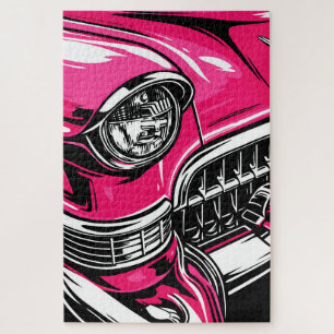 Quebra-cabeça Ilustração Pop Art de Carro Clássico Rosa Retro na