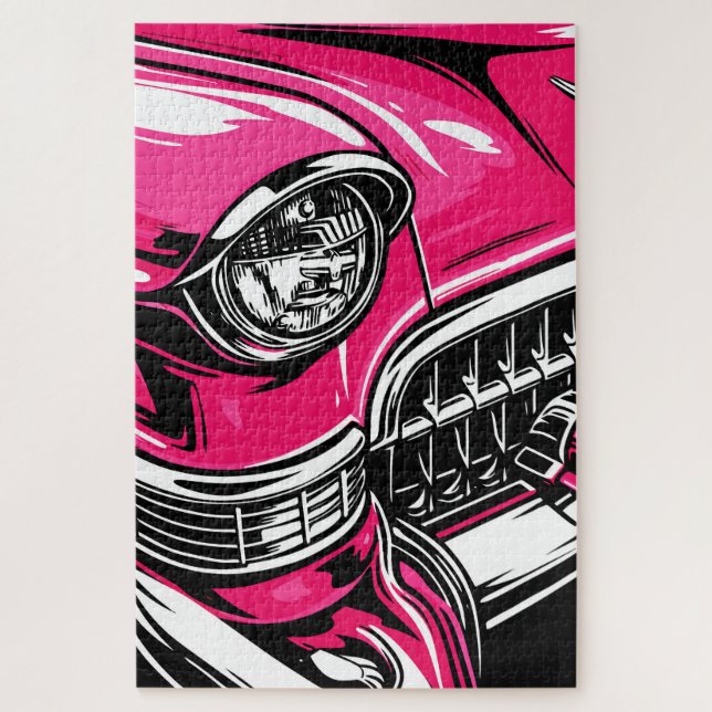 Quebra-cabeça Ilustração Pop Art de Carro Clássico Rosa Retro na (Vertical)