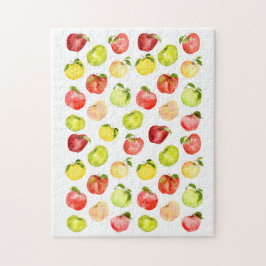 Quebra-cabeça Ilustração verde de maçã vermelha aquarela outono