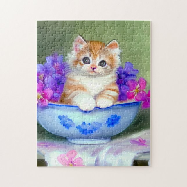 Quebra-cabeça Ilustração Vintage Laranja e White Kitten (Vertical)