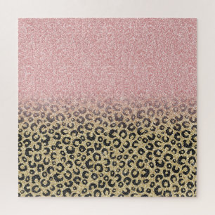 Quebra-cabeça Impressão de Leopardo Preto Glitter Dourado Elega