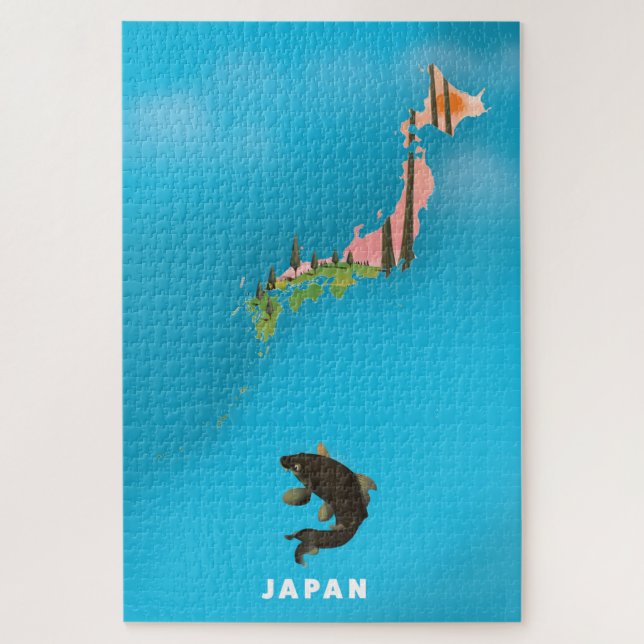 Quebra-cabeça Impressão de Mapa Ilustrado do Japão. (Vertical)