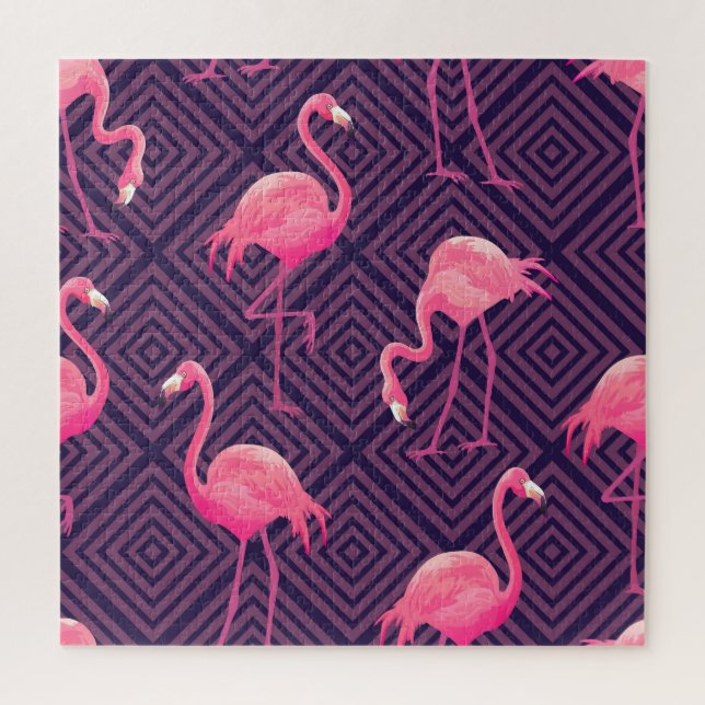 Quebra-cabeça Inflamingos, fundo geométrico roxo. (Vertical)