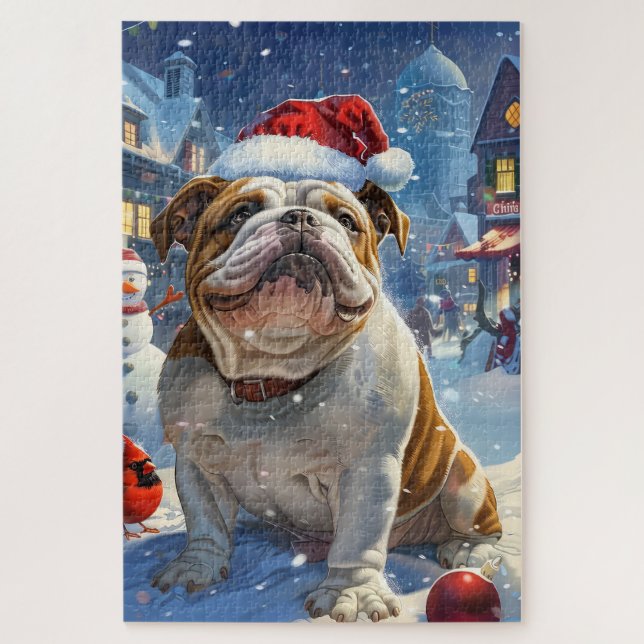 Quebra-cabeça Inglês Bulldog Winter Wonderland Natal Joy (Vertical)