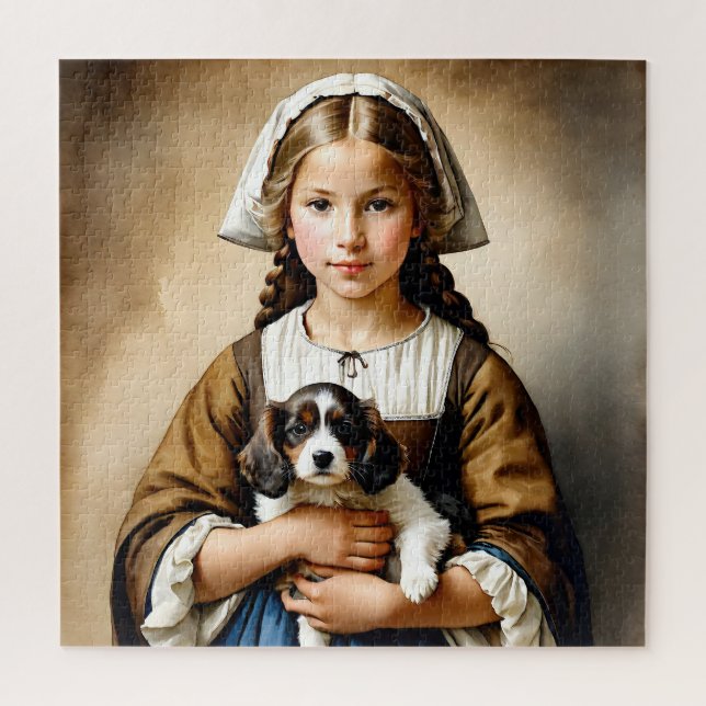 Quebra-cabeça “Inocência Abastada” “Cornélia" Menina com Cachorr (Vertical)