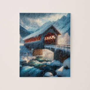 Quebra-cabeça Inverno, ponte coberta por neve e rio