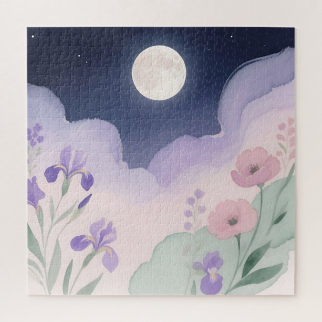 Quebra-cabeça Íris Floral Noturna aquarela Lua Cheia (Vertical)