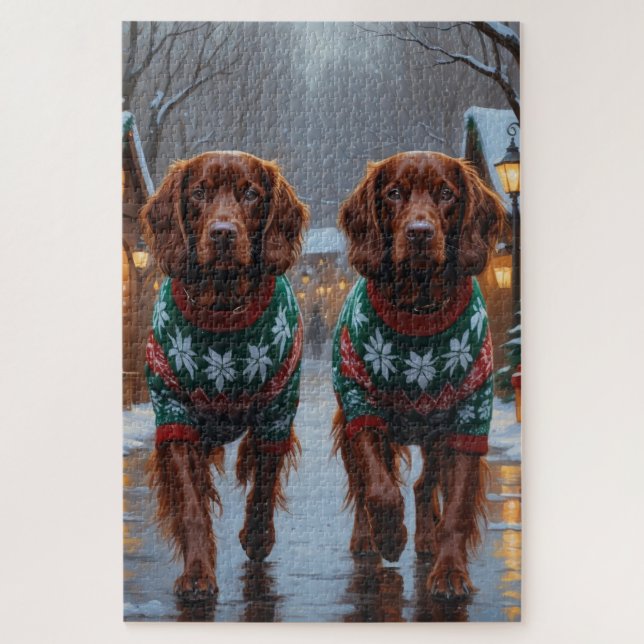 Quebra-cabeça Irish Red Setter Dogs Christmas Snow Holiday (Vertical)