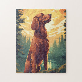 Quebra-cabeça Irish Setter na floresta durante o pôr do sol