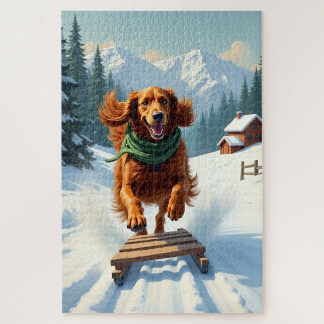 Quebra-cabeça Irish Setter Sledding Adventure Christmas Painting (Vertical)