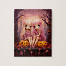 Irmã rosa do Halloween gêmeas no parque