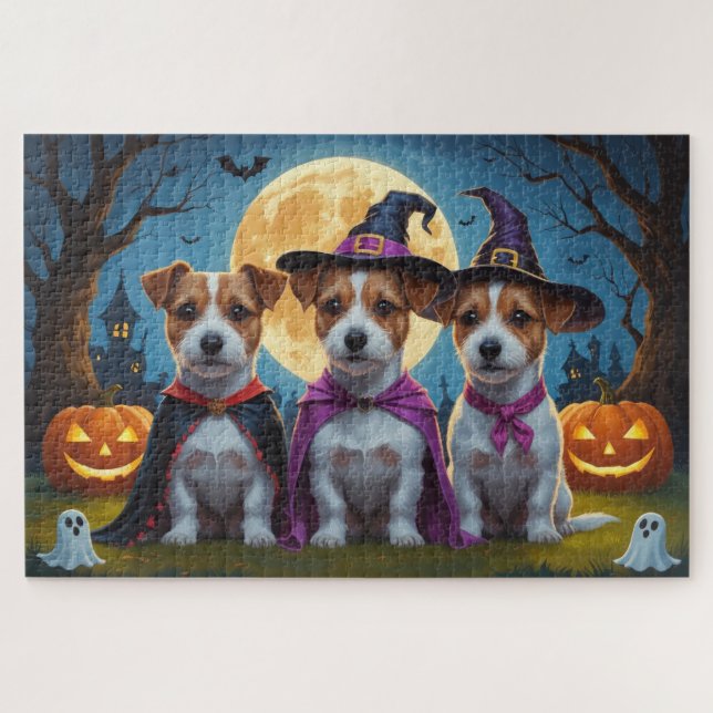 Quebra-cabeça Jack Russell Dogs Pumpkin Halloween Engraçado (Horizontal)
