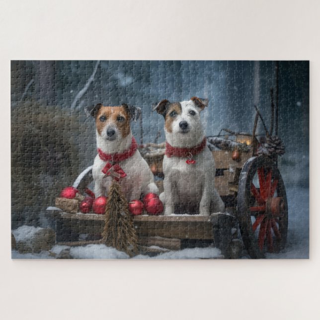 Quebra-cabeça Jack Russell Nevado Trenó Natal Decoração de Natal (Horizontal)