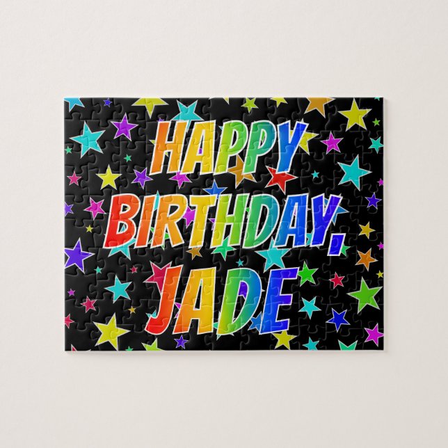 Quebra-cabeça "JADE" Primeiro Nome, Diversão "FELIZ ANIVERSÁRIO" (Horizontal)