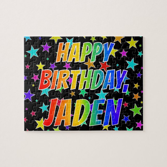 Quebra-cabeça "JADEN" Primeiro Nome, Diversão "FELIZ ANIVERSÁRIO (Horizontal)