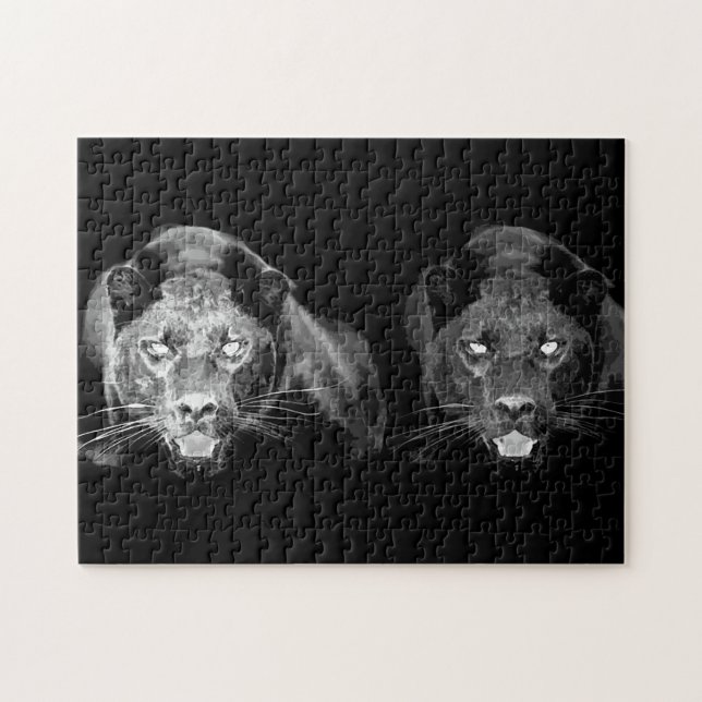 Quebra-cabeça Jaguar Preto e Branco - Animais Selvagens - Gatos  (Horizontal)
