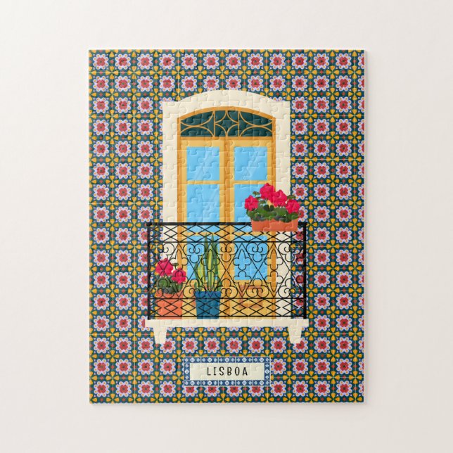 Quebra-cabeça Janela da casa de Lisboa com plantas e azulejos (Vertical)